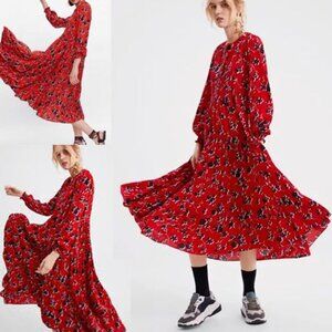 ZARA Angel Floral Tiered Midi Maxi Dress S Red Blogger Favorite Colorful Flowy